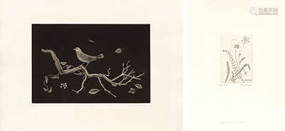 Kiyoshi Hasegawa, Oiseau sur racine (pour Godefroy Engelmann, Mulhouse)/ 'Coquelicot et fleurs des champs' Carte de vœux