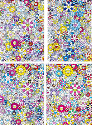 Takashi Murakami, Shangri-La Shangri-La Multi Color/ I Look Back and There, My Beautiful Memories/ Champagne Supernova: Blue/ Champagne Supernova: Multicolor + Pink and White Stripes