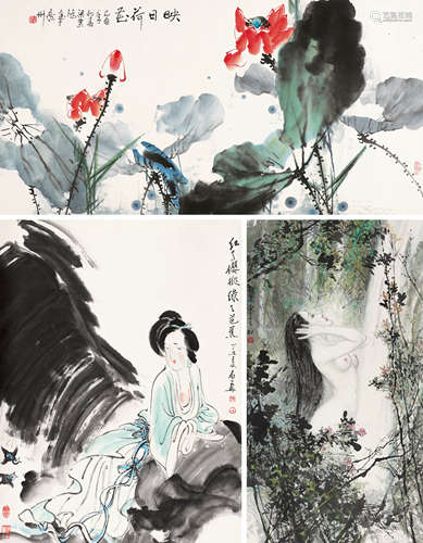 梁业鸿（b.1934）陈白一宁甡生 人物花卉 （三帧） 镜片、立轴 设色纸本