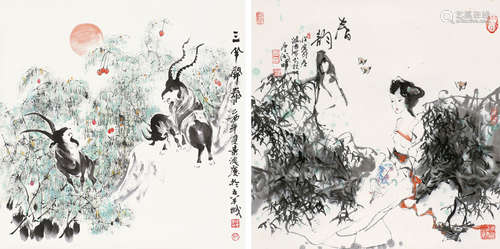 景德庆（b.1943）潘鸿海（b.1942） 画 （二帧） 立轴 设色纸本