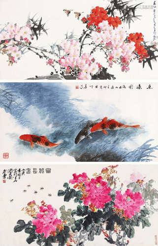 招炽挺（b.1945）叶泉（b.1943）陈永康（b.1944） 花鸟鱼乐 （三帧） 镜片 设色纸本