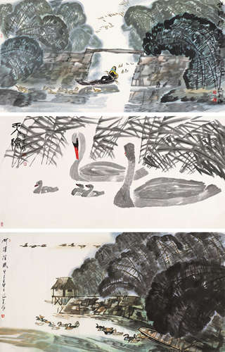 汤集祥（b.1939） 水乡小景 （三帧） 横披、镜片 设色纸本