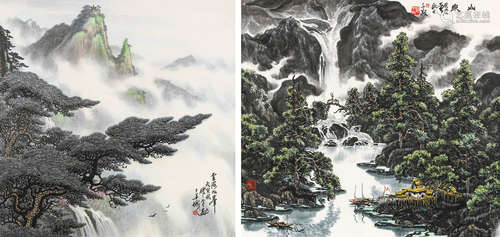 邓耀平（b.1932）邓子敬（b.1943） 山水 （两帧） 镜片 设色纸本