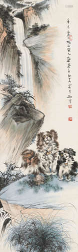 蔡鹤汀（1909～1976） 群犬飞瀑图 镜片 设色纸本