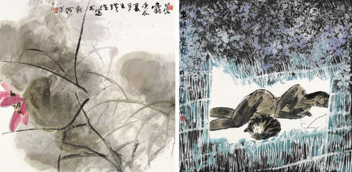 王璜生（b.1956）张绍城（b.1944） 花卉人物 （两帧） 镜片 设色纸本