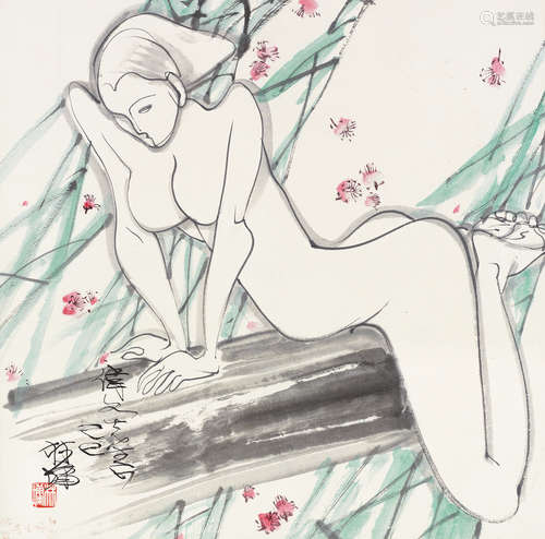 林墉（b.1942） 桃花少女 镜片 设色纸本