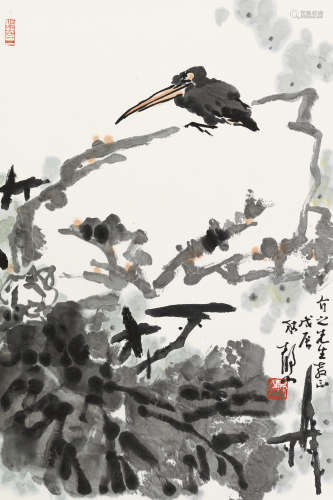 吴静山（b.1943） 荷塘翠鸟 镜片 设色纸本