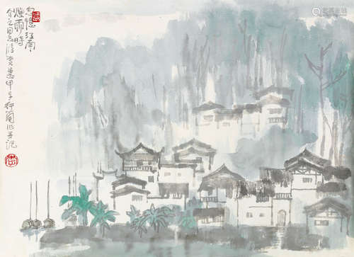 李行简（b.1937） 江南烟雨 镜片 设色纸本