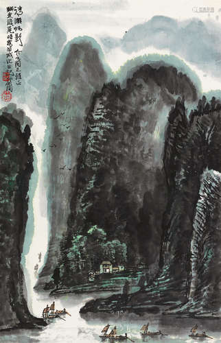 李行简（b.1937） 清漓帆影 镜片 设色纸本