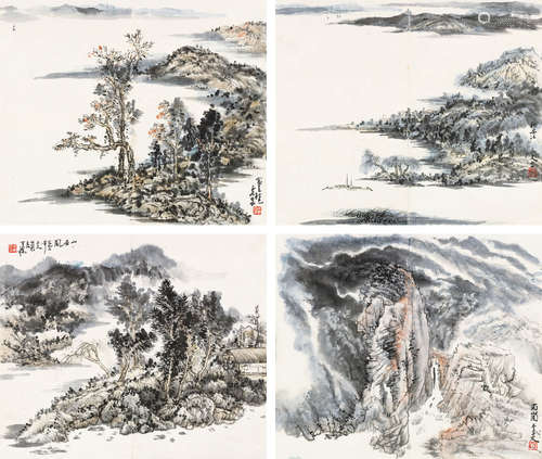 吴子文（b.1972） 山水 （四帧） 镜片 设色纸本