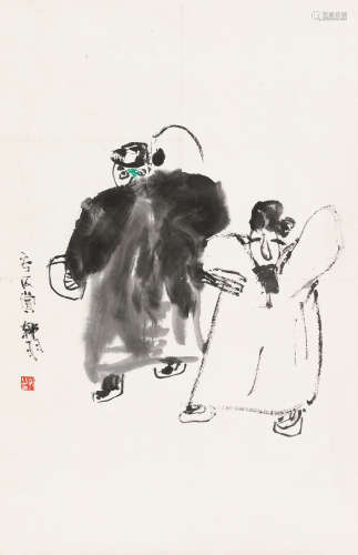 韩羽（b.1931） 戏剧人物 立轴 设色纸本