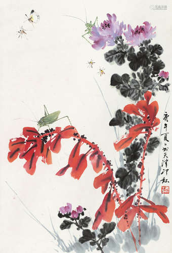 萧朗（1917～2010） 花卉草虫 立轴 设色纸本