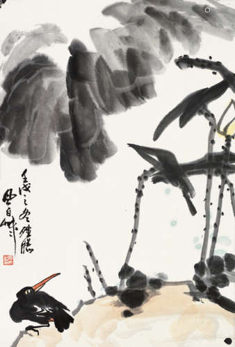 蒋风白（1915～2004） 荷花小鸟 镜片 设色纸本