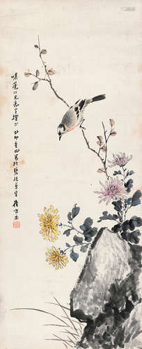 崔鸣周（1841～1915） 菊石小鸟 镜片 设色纸本