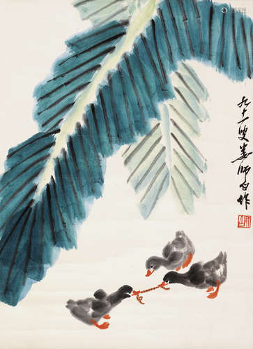 娄师白（1918～2010） 芭蕉小鸭 立轴 设色纸本