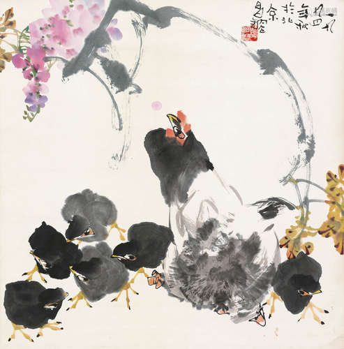 谭昌镕（b.1933） 紫藤群鸡 镜片 设色纸本