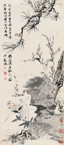 陆俨少（1909～1993）钱瘦铁（1897～1967）孔小瑜（1899～1984）徐子鹤（1916～1999） 岁寒图 立轴 设色纸本