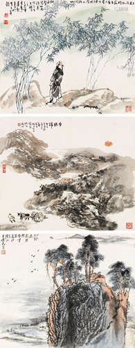 舒建新（b.1957）可石（b.1924）吴紫民 山水人物 （三帧） 镜片 设色纸本