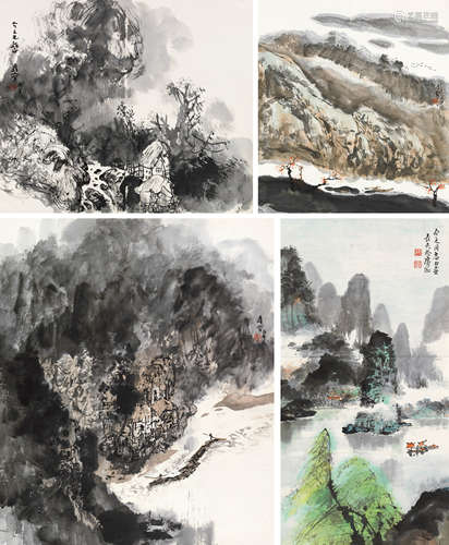 邓长夫（b.1914）王维宝（b.1942） 山水 （四帧） 镜片 设色纸本、水墨纸本