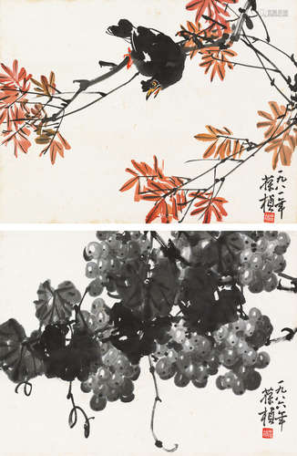 苏葆桢（1916～1990） 花鸟葡萄双挖 立轴 设色纸本