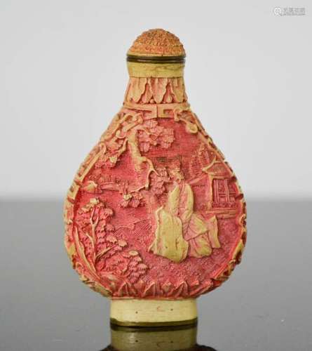 A19th Century Chinese signed hand carved bovine bone snuff bottle, figures in landscape, with