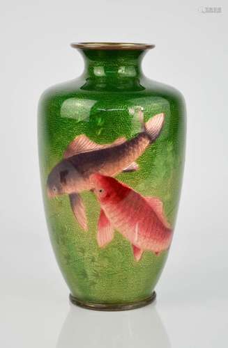 A late 19th / early 20th century Chinese enamelled vase depicting coy carp, on a graduated green