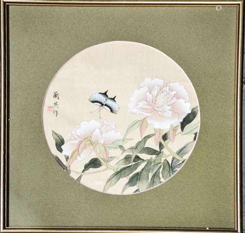 A Japanese roundel gouache on silk, depicting butterfly and peonies, 22cm diameter.