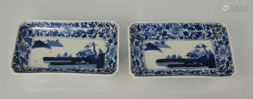 A pair of 19th century Chinese rectangular dishes, depicting landscapes, re-entrant corners, 14½