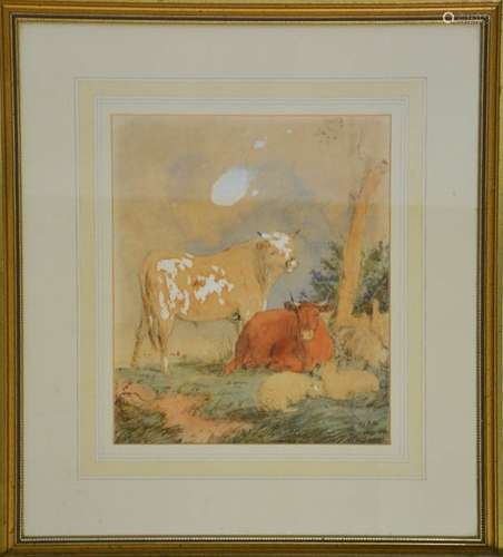 A 19th century watercolour and pencil sketch of cattle and sheep, 29 by 23cm.