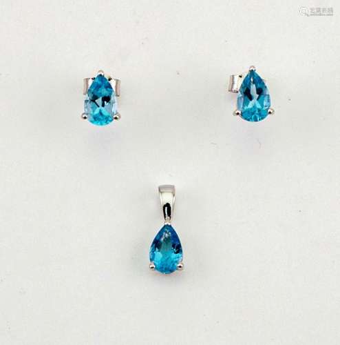 A pair of 18ct white gold and blue topaz earrings, with matching pendant, set with pear cut topaz,