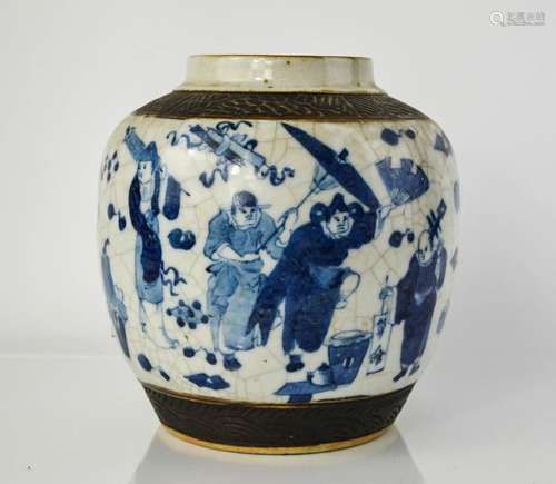 A 19th century Chinese ginger jar, stone ware with blue and white glaze, depicting figures and