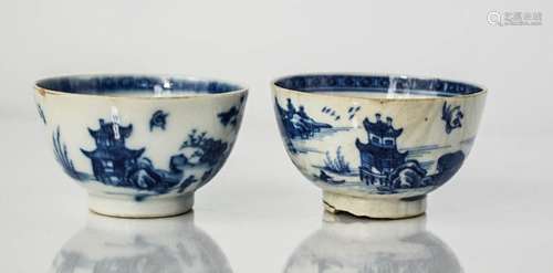 A near pair of 19th century blue and white Chinese tea bowls, depicting figures in landscape, 8cm