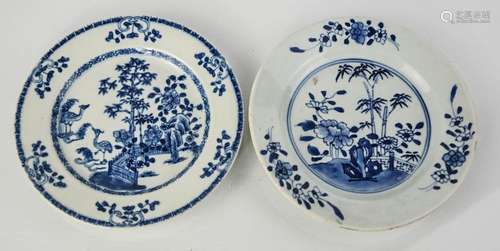 Two small late 18th / early 19th century blue and white Chinese plates, one depicting a garden,