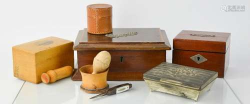 A group of treen and antique boxes, to include mahogany money box, cigarette box, and others.