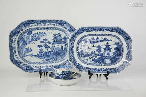 Two 19th century blue and white stoneware glazed platters, depicting landscapes, 28 by 22cm, and