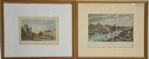 A pair of 19th century prints; one depicting Newcastle, the other Morpeth Market Place, 13 by 17cm.