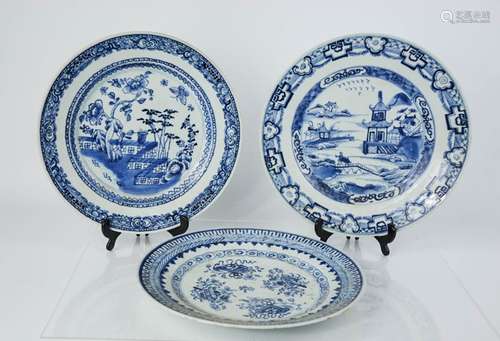 Three late 18th / early 19th century Chinese blue and white plates, one depicting floral and