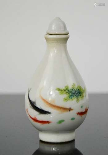 A Chinese signed hand painted goldfish porcelain snuff bottle