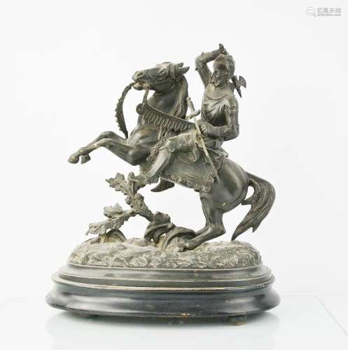 A Victorian spelter figure, knight on horseback, 31cm high.