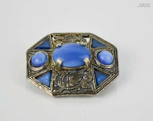 A vintage Scottish blue agate brooch signed Miracle