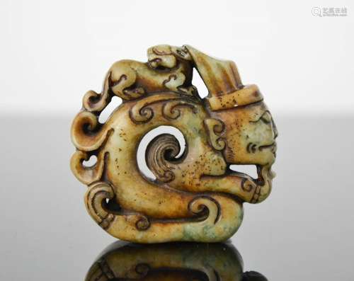 A Chinese natural jade handcarved statue/pendant of kneeling man with dragon on his back. 5cm by