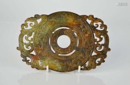 A vintage Chinese natural handcarved heitian jade oval plaque depicting dragon and phoenix. 15.5cm