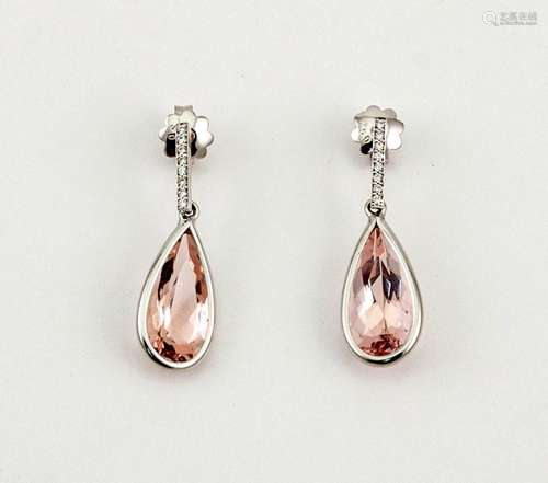 A pair of 18ct white gold, morganite and diamond earrings, the pear cut morganites total 7ct, the