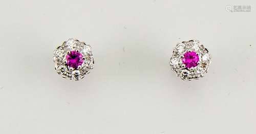 A pair of 18ct white gold, pink sapphire and diamond earrings, the pink sapphires total approx 0.