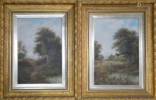 A pair of 19th century oil on canvas, depicting a cottage in landscape, and a figure beside a gate