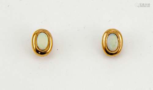 A pair of 9ct gold and opal earrings, the opals each approximately 0.60cts.