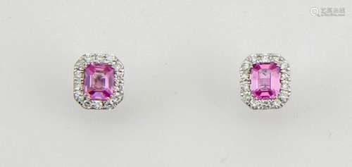 An 18ct white gold, pink sapphire and diamond earrings, the emerald cut sapphires approx 0.50ct,