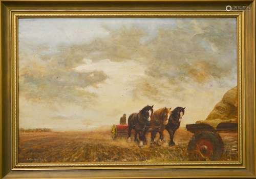 JER Godderidge (20th century): oil on board, three shirehorses pulling plough in field, signed and