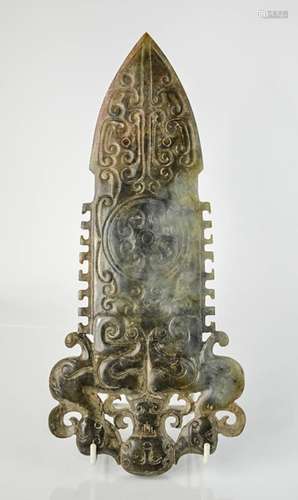 A large vintage Chinese handcarved heitian jade ceremonial plaque, depicting a dragon and king. 29.