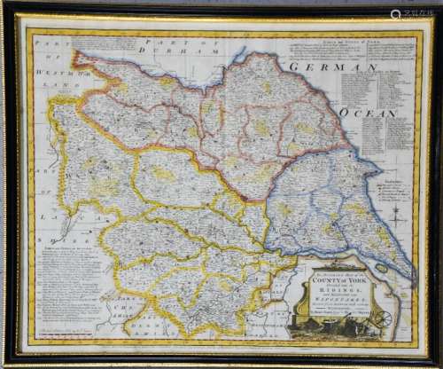 An 18th century hand tinted map of the 'County of York divided into its Ridings and subdivided